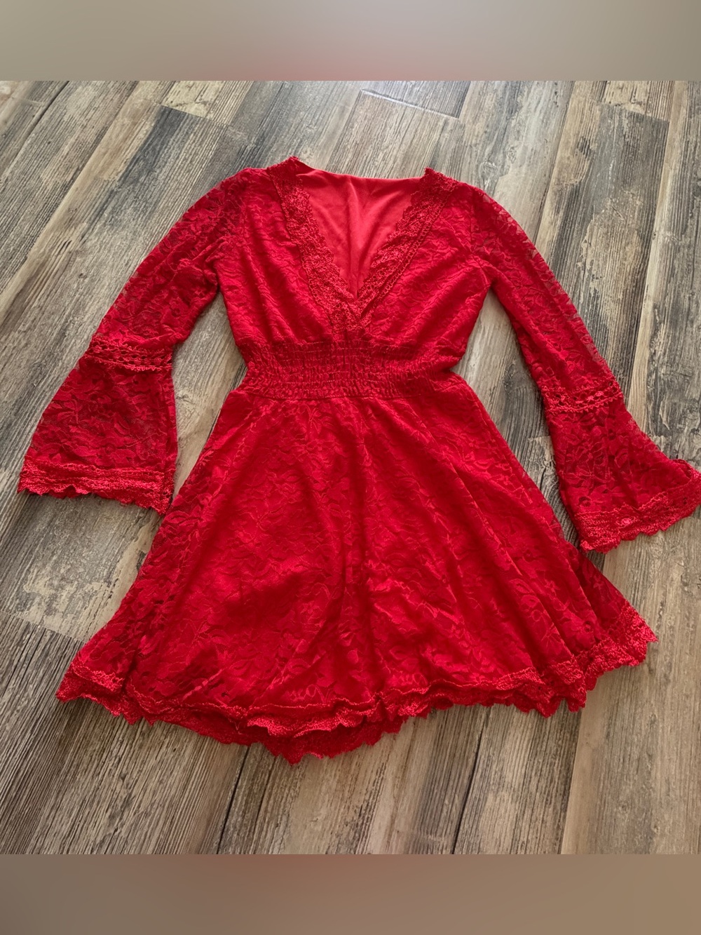 Red Lace V-Neck Women’s Dress with Smocked Waist